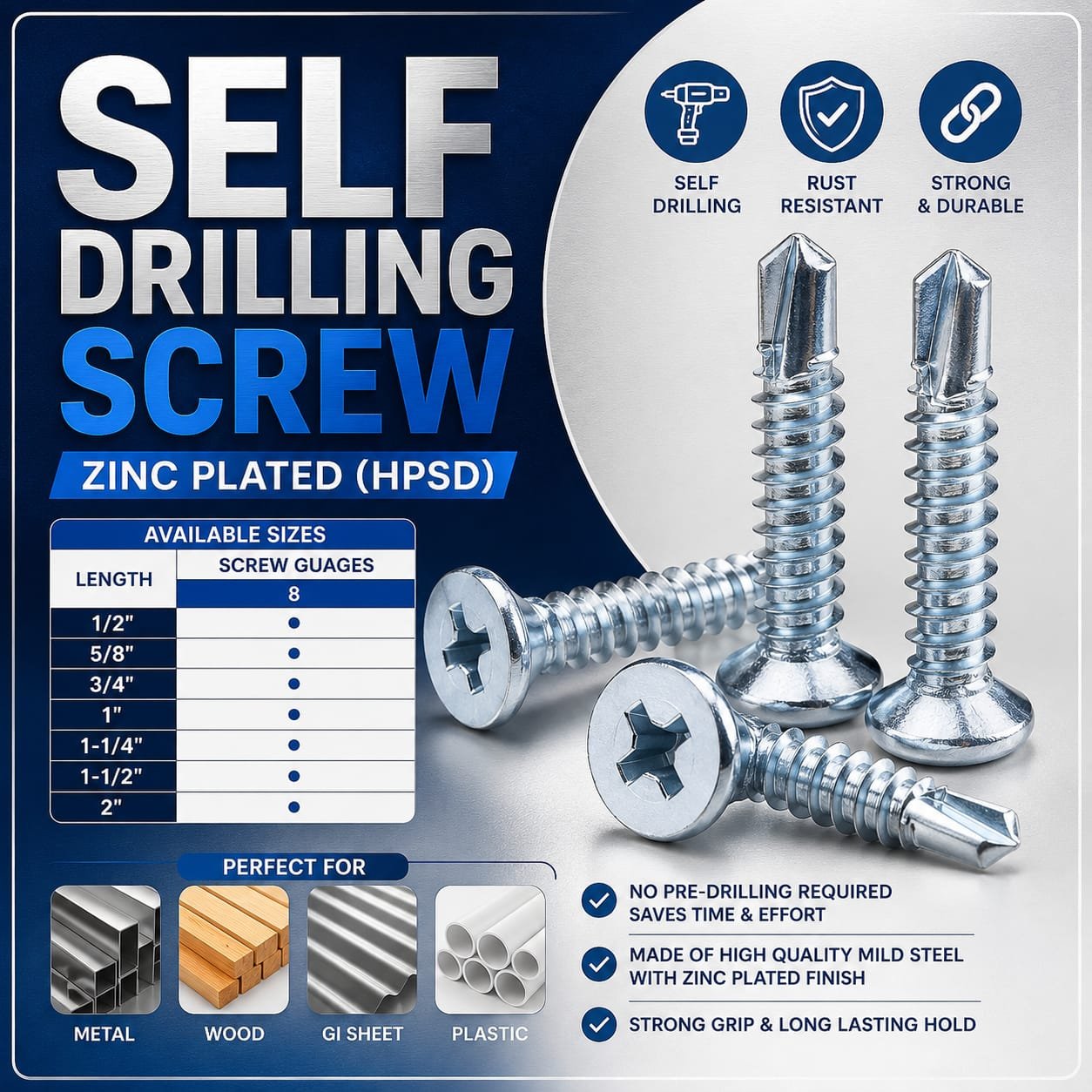 CSK Phillips Head Self Drilling Screws Zinc Plated (HPSD)