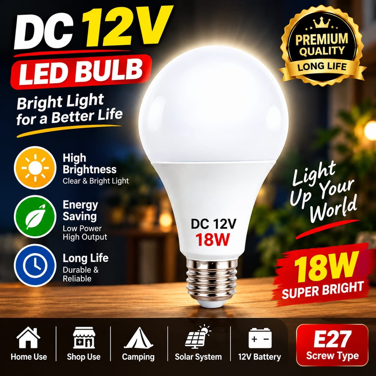 DC 12V LED Bulb 18W E27 Screw Type Daylight White