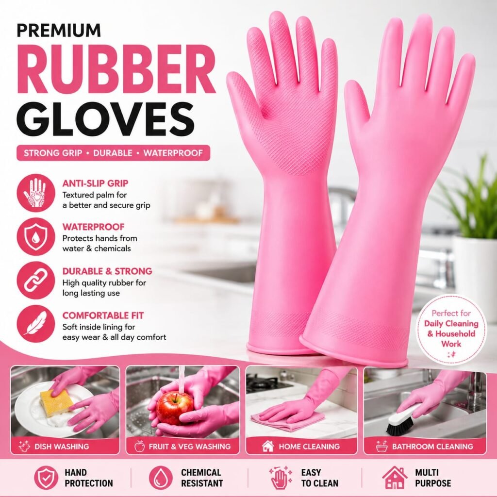 Keep your hands clean and protected with Premium Rubber Cleaning Gloves. Waterproof, anti-slip and reusable design is perfect for dishwashing, kitchen cleaning, bathroom cleaning,