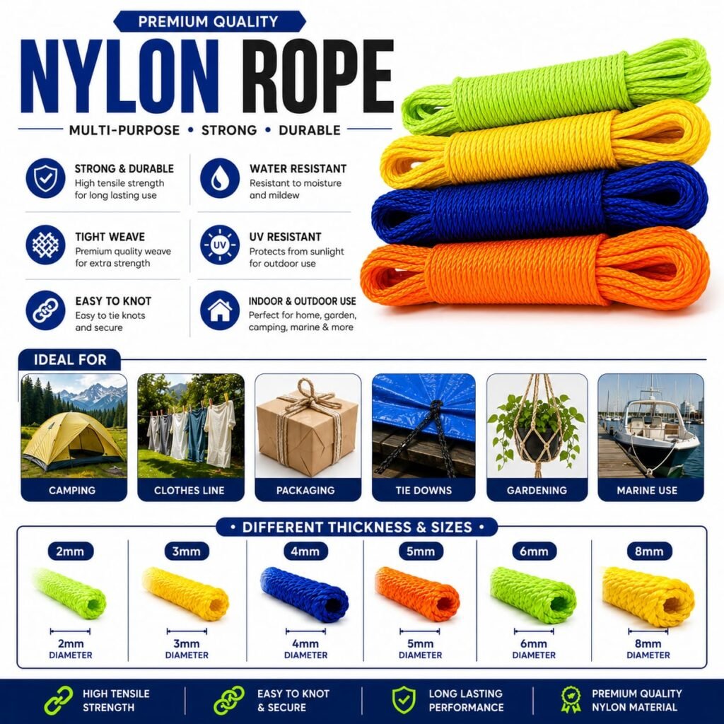 Premium Nylon Rope Clothes Line – Heavy Duty Multi Purpose Washing Rope for Indoor & Outdoor Use