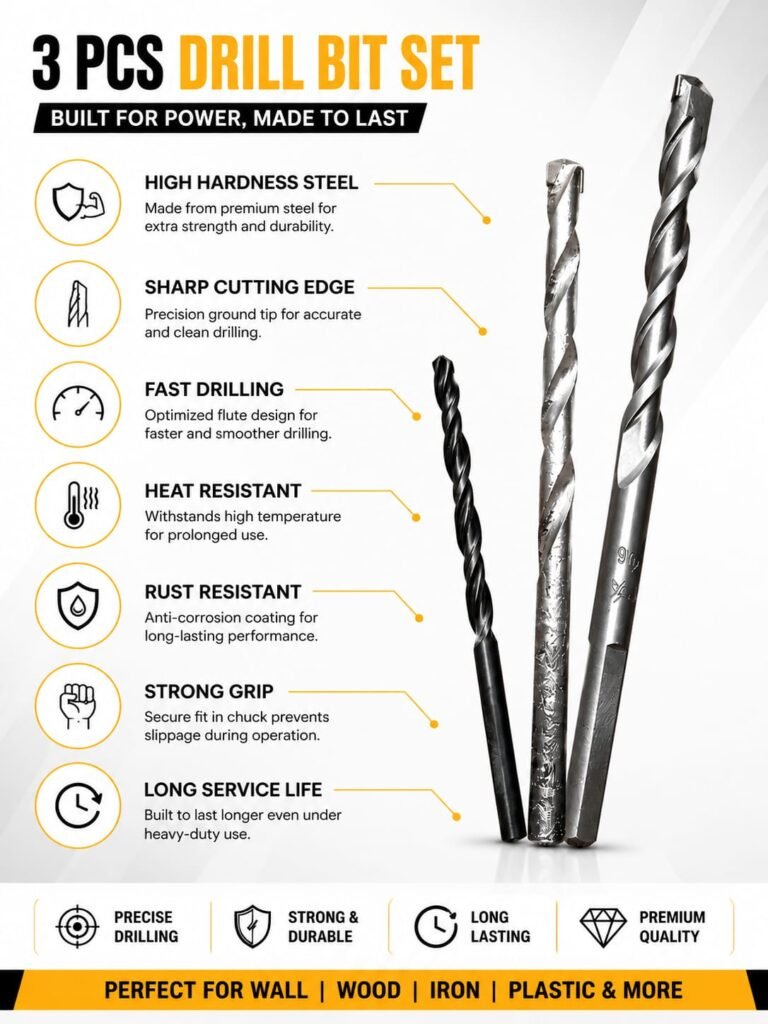 3PCS Drill Bit Set for Wall, Wood & Iron