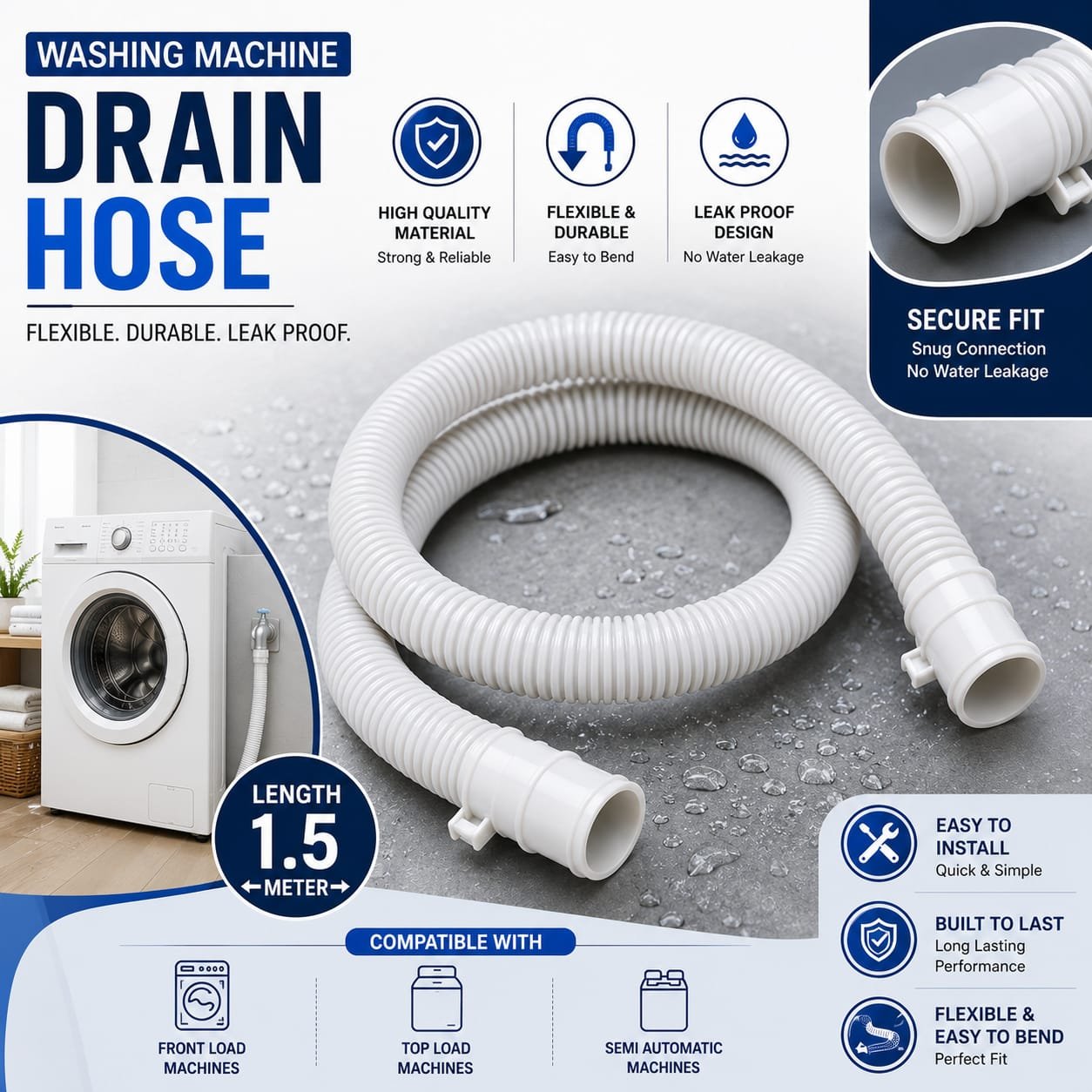 Universal Washing Machine Drain Hose Pipe 1.5 Meter