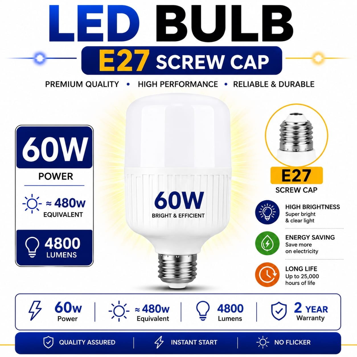 60W LED Bulb E27 Screw Cap