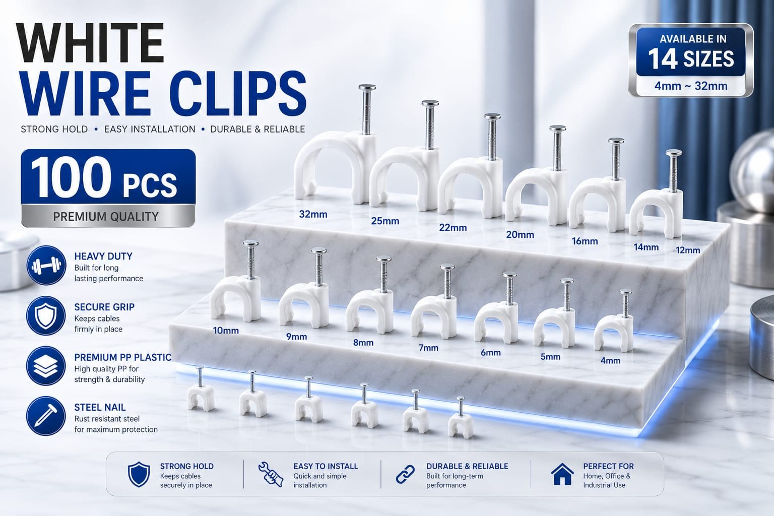 White Wire Clips Pack of 100 PCS