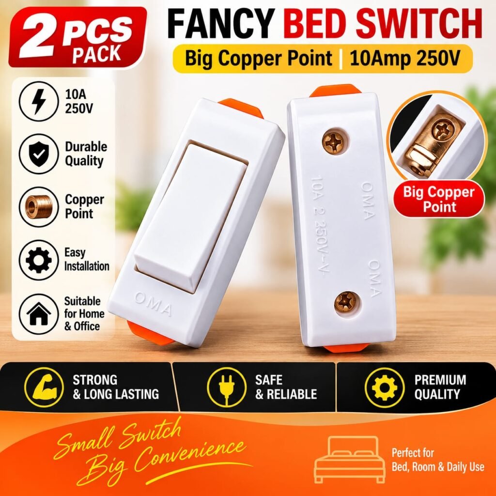 2 Pcs Fancy Bed Switch Big Copper Point 10Amp 250V White Wall Switch for Bedroom Home & Office