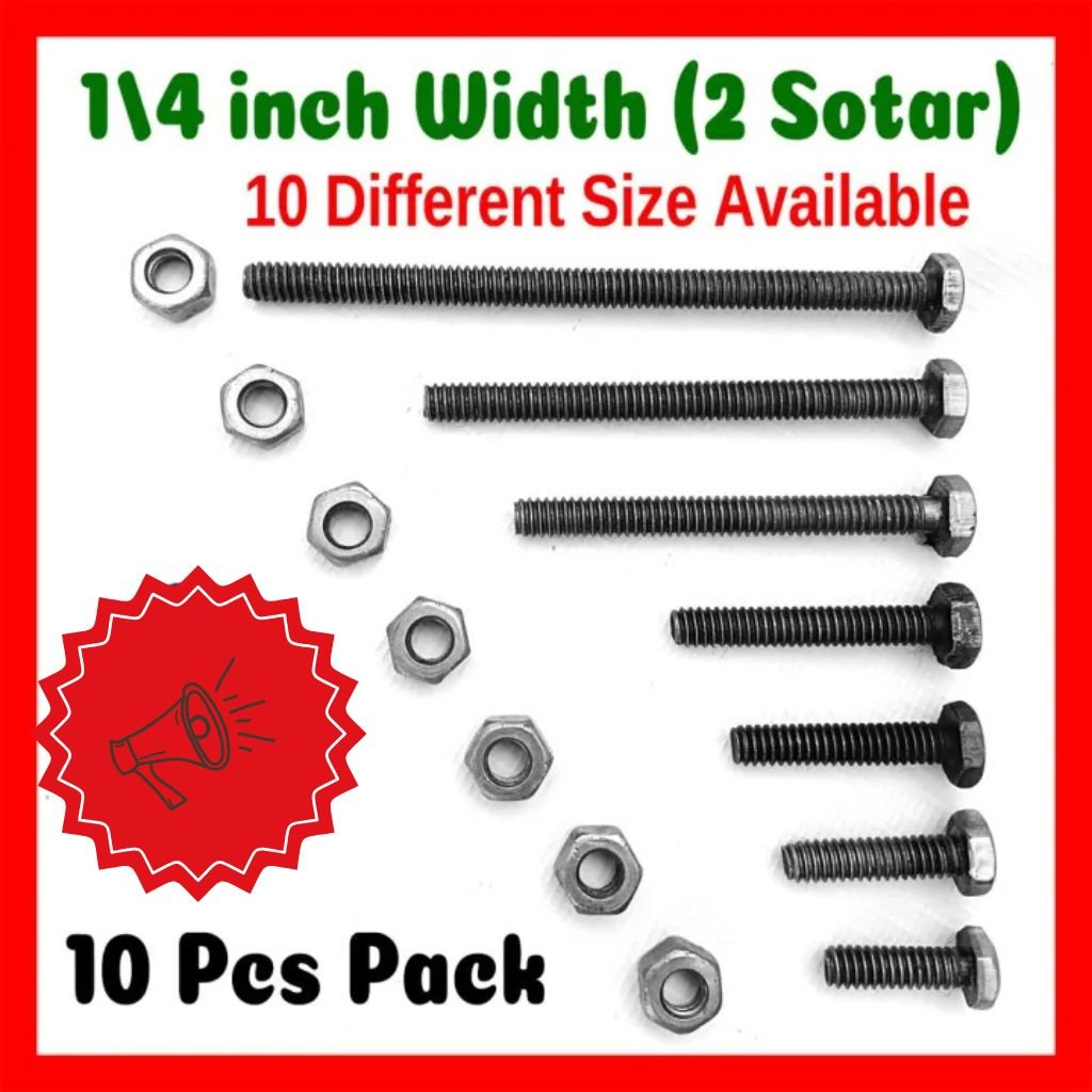 10Pcs Black Hexagonal Nut and Bolt Screw Set – 1/4 Inch Width (2 Sotar) – Assorted Sizes – High Strength Steel Nut Bolt Kit for DIY, Repair, Machine & Hardware Use – 10 Different S