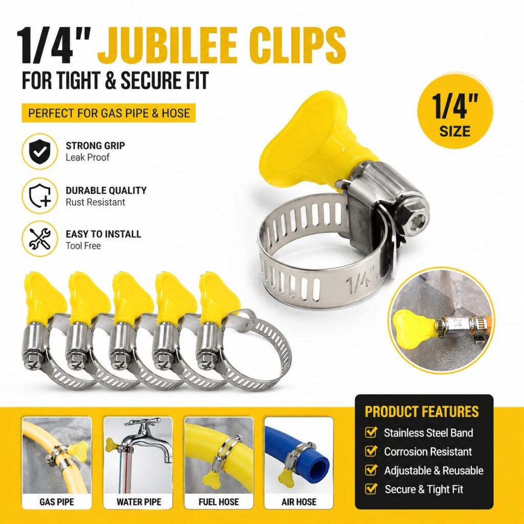 1/4 Inch Jubilee Clip Stainless Steel Hose Clamp Butterfly Screw Tightener for Gas Pipe, Water Pipe & Air Hose